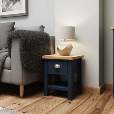 Product photograph of Westbridge Side Table Oak Blue 1 Shelf 1 Drawer from QD stores